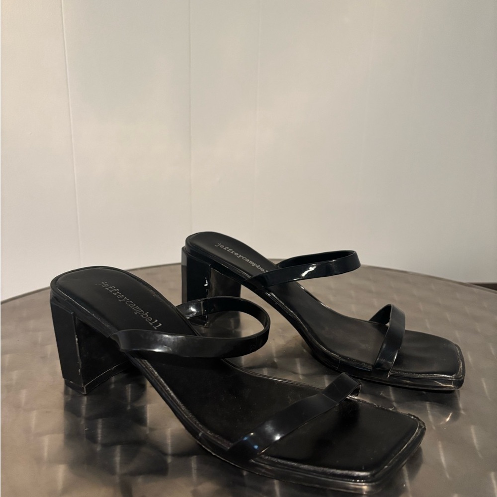Jeffrey Campbell Black Patent Square Toe Block Heel Sandals